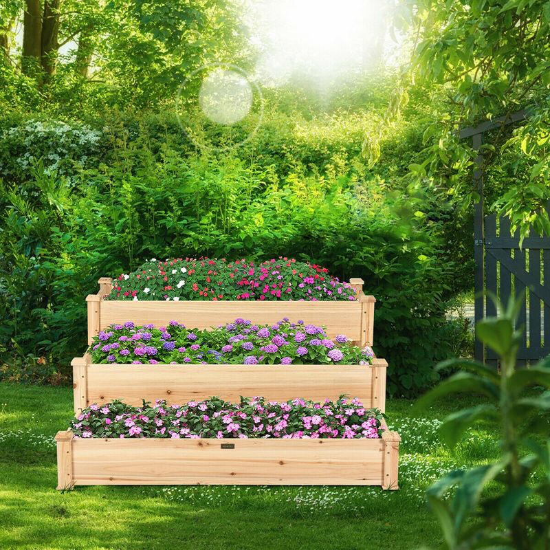 Costway 3 Tier Wooden Raised Garden Bed Planter Kit Outdoor Grow Flower Vegetables, 3 of 11