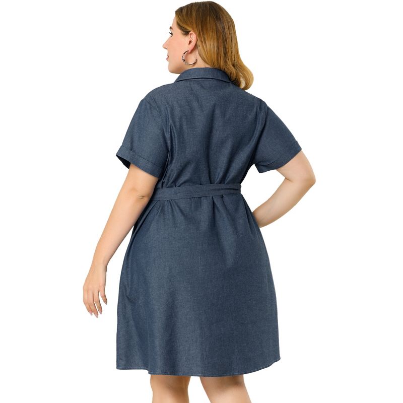 Agnes Orinda Women's Plus Size Relaxed Fit Buttons Belted Short Sleeves Chambray Shirtdress, 5 of 7