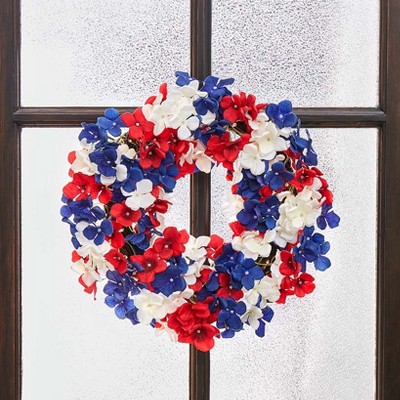 Patriotic Red, White & Blue Hydrangea 18" Artificial Outdoor Wreath