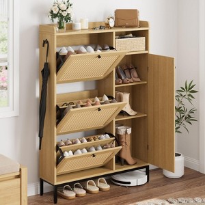 Shoe Storage Cabinet with 3 Flip Drawers, Rattan Hidden Freestanding Organizer with Adjustable Shelves - 1 of 4