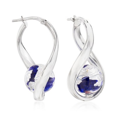 Ross-Simons Italian Blue and Silvertone Murano Glass Bead Curved Hoop Earrings in Sterling Silver