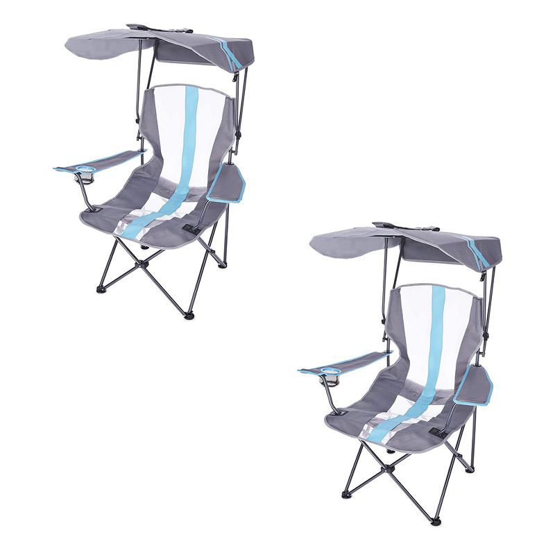 Kelsyus Premium Portable Camping Folding Outdoor Lawn Chair w/50+ UPF Canopy, Cup Holder, & Carry Strap, for Sports, Beach, Lake, Blue & Gray (2 Pack), 1 of 8