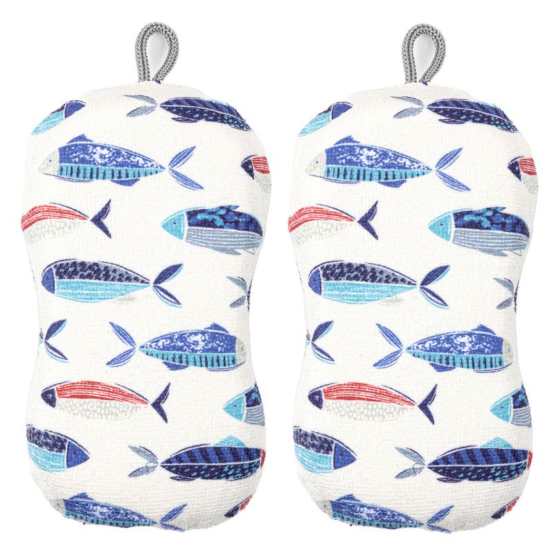 MU Kitchen Durable Microfiber Sponge with Scrubber, Set of 2, Fish, 1 of 2