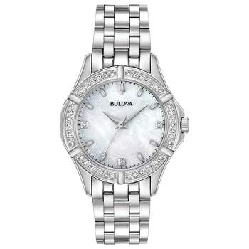 Bulova Ladies' Classic Stainless Steel 3-Hand Quartz Watch, Diamond Dial and Bezel with White Mother-of-Pearl Dial