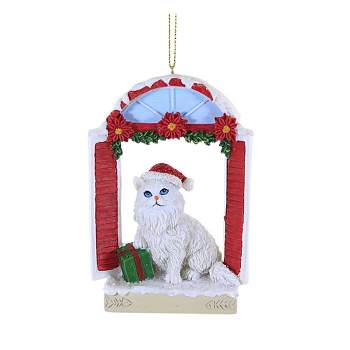 Holiday Ornament Cat In Window  -  One Ornament 4.25 Inches -  Christmas Feline  -  E0725 White  -  Polyresin  -  Multicolored