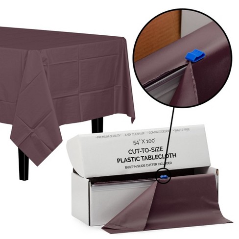 Crown Display 54 x 100' Cut to Size Disposable Plastic Tablecloth Roll with Cutter - Brown