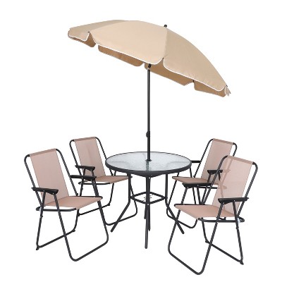 MUKE 6-Piece Patio Dining Set with Folding Chairs, Glass Table & Removable Umbrella for Outdoor Meals & Lounging