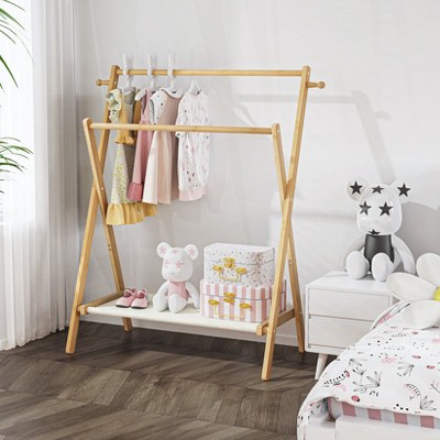Acoinel Freestanding Bamboo Clothes Rack with Shelves, Garment Rack for Bedroom