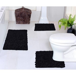 Bell Flower Collection Tufted Bath Rugs, Extra Soft and Absorbent, Non-Slip Bath Mats, Machine Washable Bathroom Mats, 3 Pcs Set with Contour, Black - 1 of 4