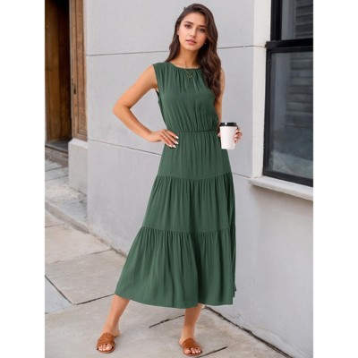 Женские платья INSPIRE CHIC Women's Summer Sleeveless Crewneck Tiered Casual Flowy Midi Sundress with Pockets Medium Army Green — фото 2