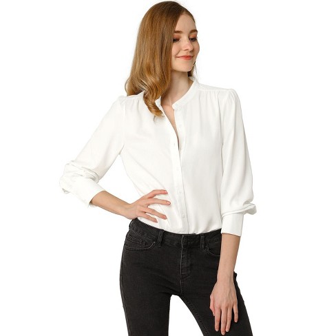 Women's Long Sleeve Mandarin Collar Shirt, White, S