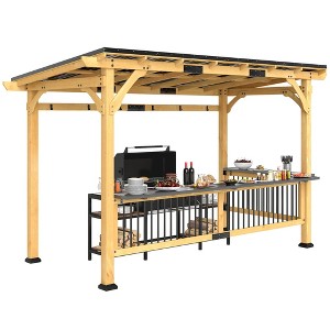 Outsunny 13' x 6' Wooden Grill Gazebo, Hardtop Outdoor BBQ Gazebo with with Metal Roof, 2 Bar Shelves and 6 Hooks for Patio, Deck, Yard, Natural - 1 of 4