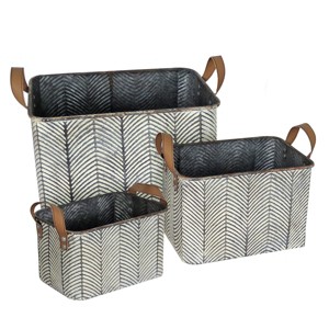 Set of 3 Rustic Whitewashed Pattern Galvanized Metal Decorative Storage Bins With Faux Leather Handles - Foreside Home and Garden - 1 of 4