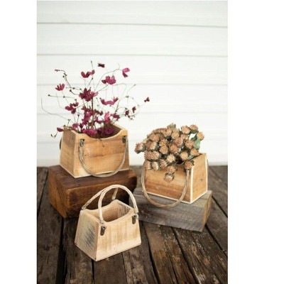 2 x Set of Three Wooden Hand Bag Planters – Rustic 8 inch Decorative Design by Kalalou