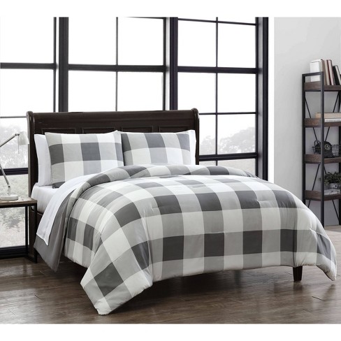 Queen 7pc Buffalo Plaid Quilt Set Gray White Geneva Home Fashion