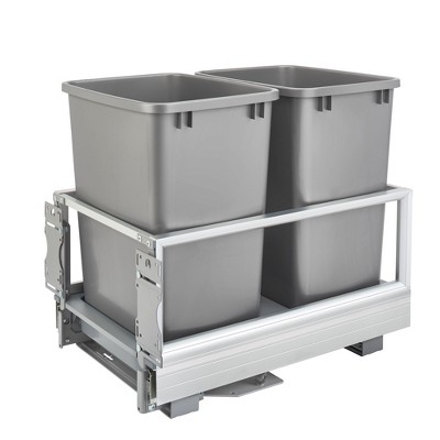 Rev-A-Shelf Double 35 Quart Pullout Trash Can for Base Kitchen Cabinets, Storage Garbage Bin on Wire Basket with Soft-Close, Silver, 5149-18DM-217