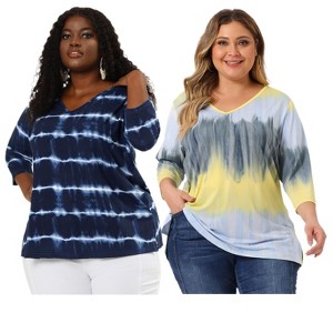 Women's Plus Size 2 Pieces Tie Dye Side Slit 3/4 Sleeve V Neck Casual Stripe Blouse - Agnes Orinda - 1 of 4