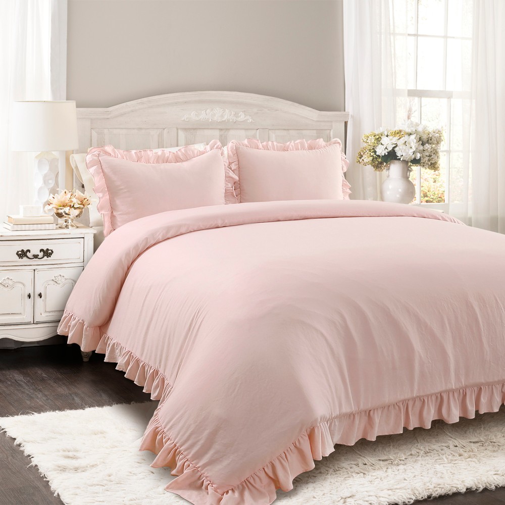 Photos - Bed Linen 3pc King Reyna Comforter Set Blush - Lush Décor: Microfiber, Ruffled, OEKO