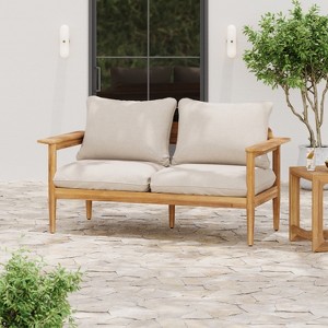 Christopher Knight Home Kara 61" Outdoor Acacia Wood Loveseat with Water-Resistant Cushions and Slat Open Back - 1 of 4