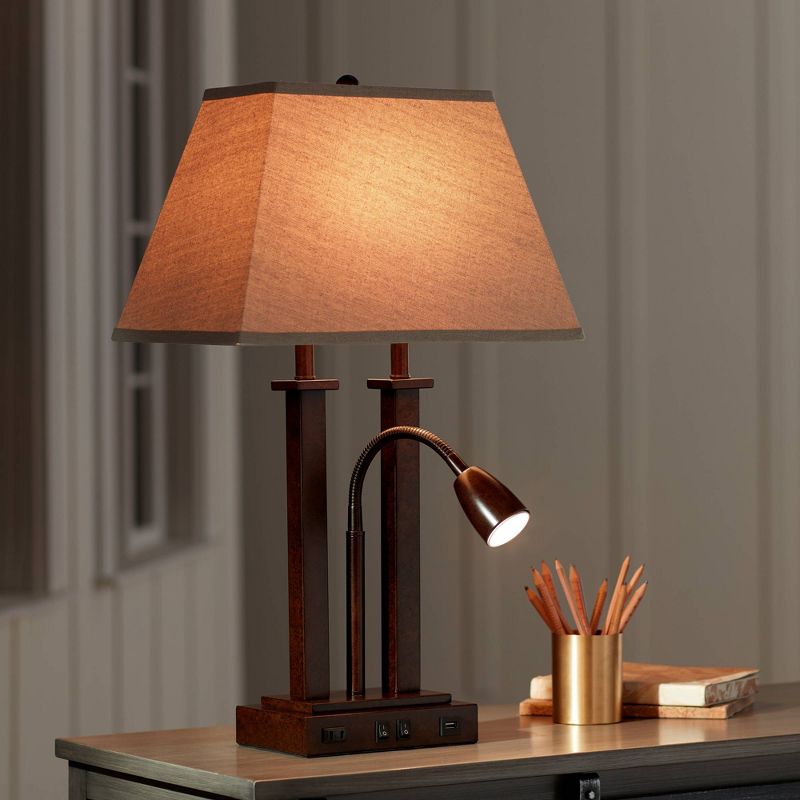 Possini Euro Design Deacon Modern Desk Table Lamp 26" High Bronze with USB and AC Power Outlet in Base LED Reading Light Oatmeal Shade for Office Desk, 4 of 11