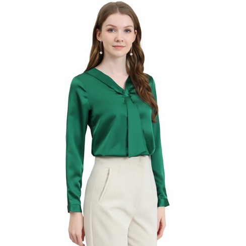 Allegra Women's Satin Tie Neck Long Sleeve Solid Color Elegant Office Work Shirt Top Dark Green Medium : Target