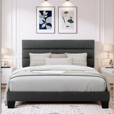 Allewie Platform Bed Frame with Fabric Upholstered Headboard and Wooden Slats Support, Fully Upholstered Mattress Foundation/No Box Spring Needed