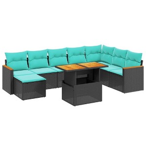vidaXL 9 Piece Patio Sofa Set with Cushions Black Poly Rattan - Black without storage - 1 of 4