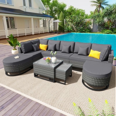 Whisen 7-Piece Outdoor Wicker Sofa Set, Modular Rattan Sectional with Coffee Table & Pillows, Patio Furniture for Garden & Deck