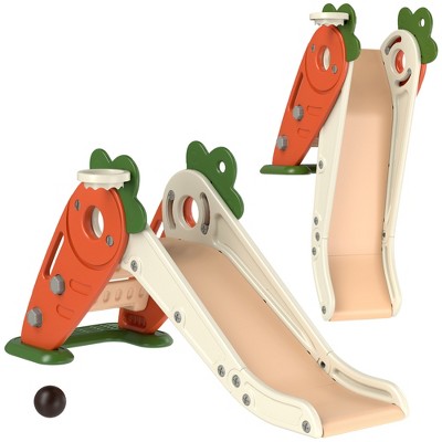 Qaba Toddler Slide, 3 in 1 Indoor Slide for Kids Age 1-3 Years, Foldable Carrot-themed Baby Slide with Basketball Hoop, Orange
