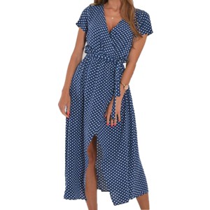 Floral Wrap Beach Dress for Women Summer Maxi Dress with Tie Waist V Neck Slit Flowy Dress Polka Dress High Waist Beach Cover Up - 1 of 4