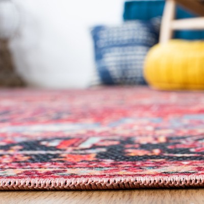 Serapi Red and Blue Square Machine Washable Rug