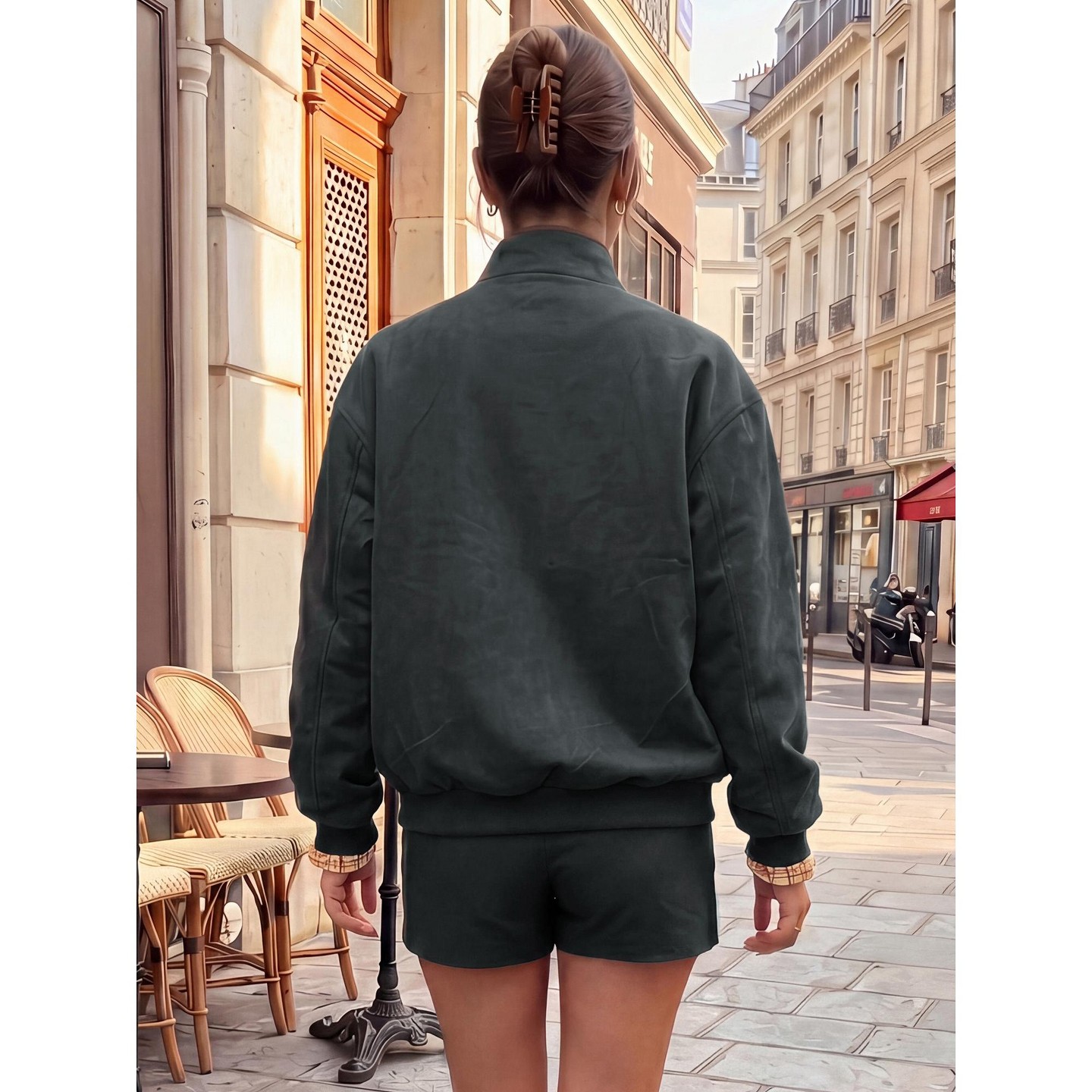 Женские куртки INSPIRE CHIC Plaid Faux Suede Contrast Color Elastic Cuff Lined Casual Dual Zip Pocket Moto Bomber Coats L Gray, цвет: Серый — фото 3