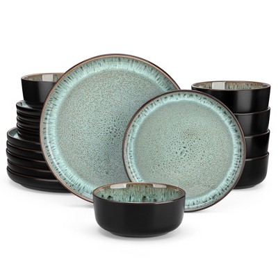 vancasso 18 Piece Set Of Matte Colored Glaze+Kiln Change Glaze Dark Green Ceramic Tableware Set, Including Dinner /Dessert Plates, Bowls, For 6 People