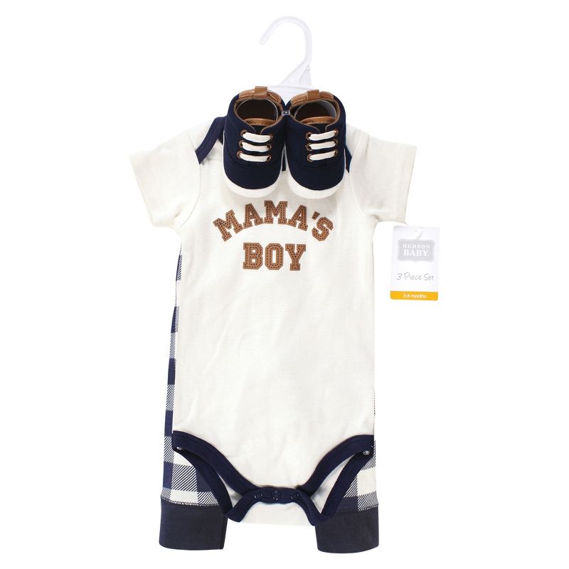 Hudson Baby Infant Boy Cotton Bodysuit, Pant and Shoe Set, Brown Navy Mamas Boy, 2 of 6