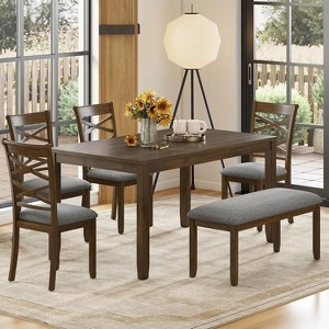 Zevemomo 6-Piece Solid Wood Dining Table Set, Includes 1 Dining Table, 4 Upholstered Chairs and 1 Bench, for Dining Room, Kitchen, Restaurant, Walnut - 1 of 4