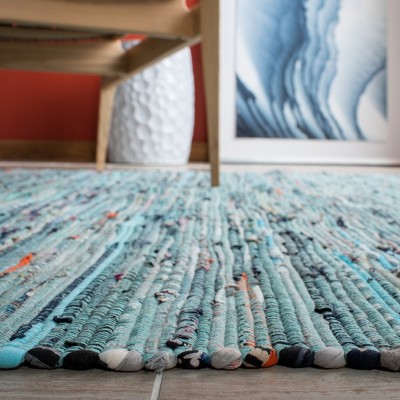 Turquoise Multi Stripe Handmade Cotton Square Rug 4' x 6'