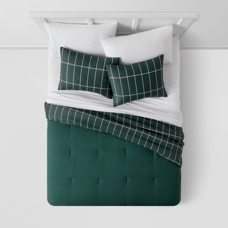 Grid Print Microfiber Reversible Comforter & Sheet Set Dark Green - Room Essentials™, 4 of 9