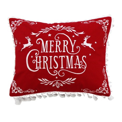 20” Red & White Handloomed Christmas Throw Pillow with Reindeer