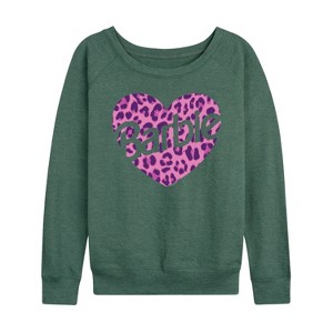 Women's - Barbie - Leopard Heart Lightweight French Terry Wide Neck Long Sleeve Shirt - 1 of 4