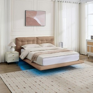 PAGED Queen Size Floating Bed with LED, PU Upholstered Bed Frame with Tufted Headboard for Kids, Teens, Adults, No Box Spring Required, Khaki - 1 of 4