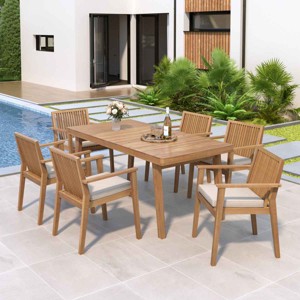 7 PCS Patio Dining Set with Dining Table, Slatted Top Design Table, Acacia Wood Frame Dining Chairs with Polyester Cushion Covers-Coolbibila - 1 of 4