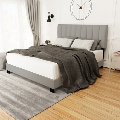 Queen Size Upholstered Platform Bed Frame with Adjustable Headboard 4W, White/Gray/Light Gray -ModernLuxe