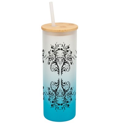 Elanze Designs Vintage Floral Damask Pattern Wrap-Around Design 25 Ounce Frosted Gradient Glass On-The-Go Coffee Travel Skinny Tumbler Mug Cup, Bamboo