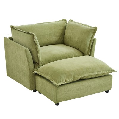 Vynxaria Modern 47" Upholstered Armchair Sofa - Green Chenille, Movable Ottoman, Wide Seat (39.8"), Curved Armrests, Soft Pillows