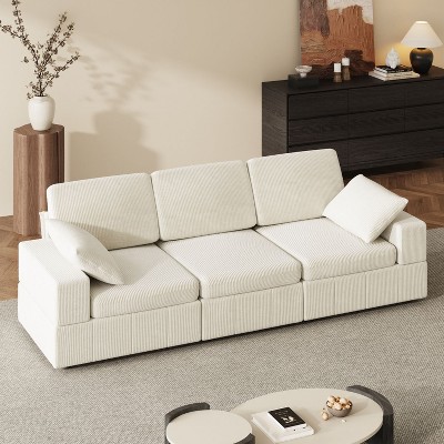 FUFU&GAGA White Corduroy 3 Seater Living Room Sofa High Strength Sponge with Cushions