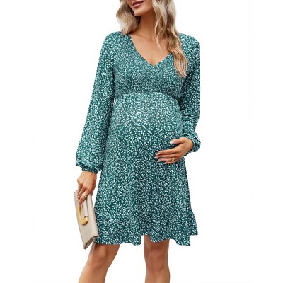 Maternity Women Long Sleeve Smocked V Neck Dress Fall Casual Boho Mini Dress for Baby Shower Photoshoot