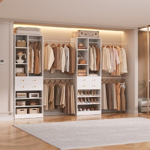 Aheaplus Walk-In Closet System with 6 Hanging Rods and Adjustable Shoes Shelves, Wooden Closet Storage with Drawers - 1 of 4
