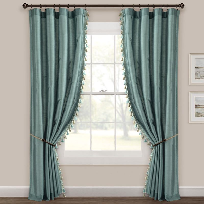 Luxury Regency Faux Silk Two Tone Tassel Window Curtain Panels Blue 52x84 Set, 2 of 6