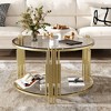 Glass Coffee Table Round Center Table Cocktail Table Accent Table Sofa Table with Gold Metal Drum Frame, Transparent/Black/Brown-ModernLuxe - 2 of 4