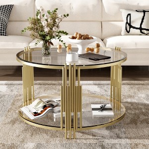 TIRAMISUBEST Modern Round Glass Coffee Table with Bottom Shelf, Elegant Design Center Table Cocktail Table for Living Room - 1 of 4